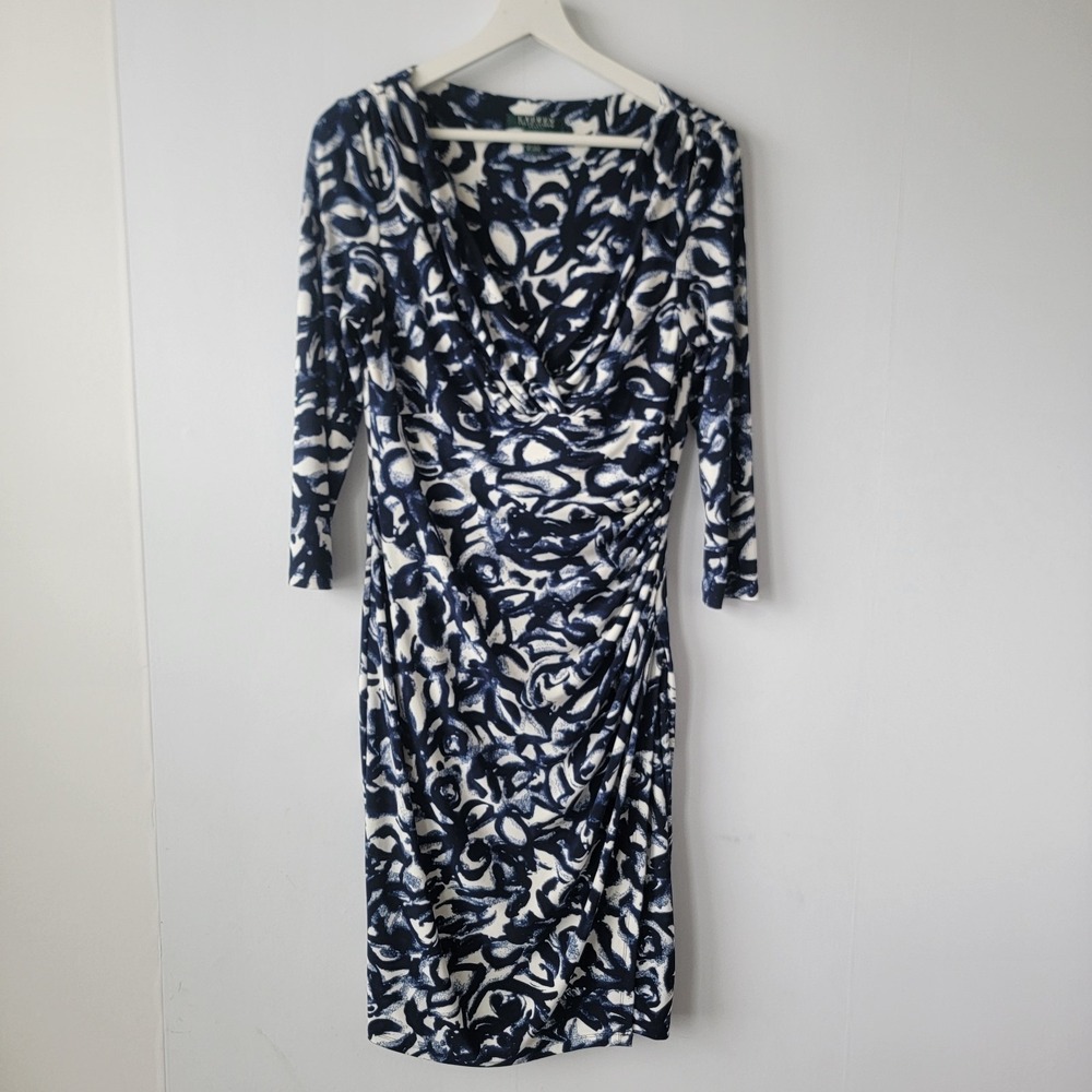 Lauren Ralph Lauren Women's Navy White Abstract Ruched Faux Wrap Dress size 8